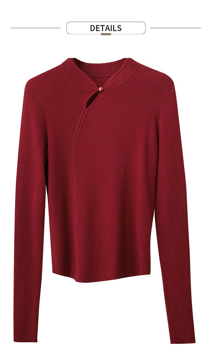 Bordeauxroter Damenpullover mit Stehkragen und Knopfverschluss, schmaler Schnitt