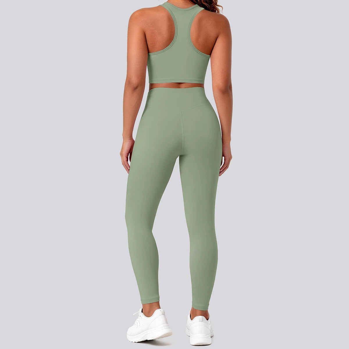 Olivegrünes nahtfreies Yoga-Set: Racerback-Sport-BH und High-Waist-Leggings