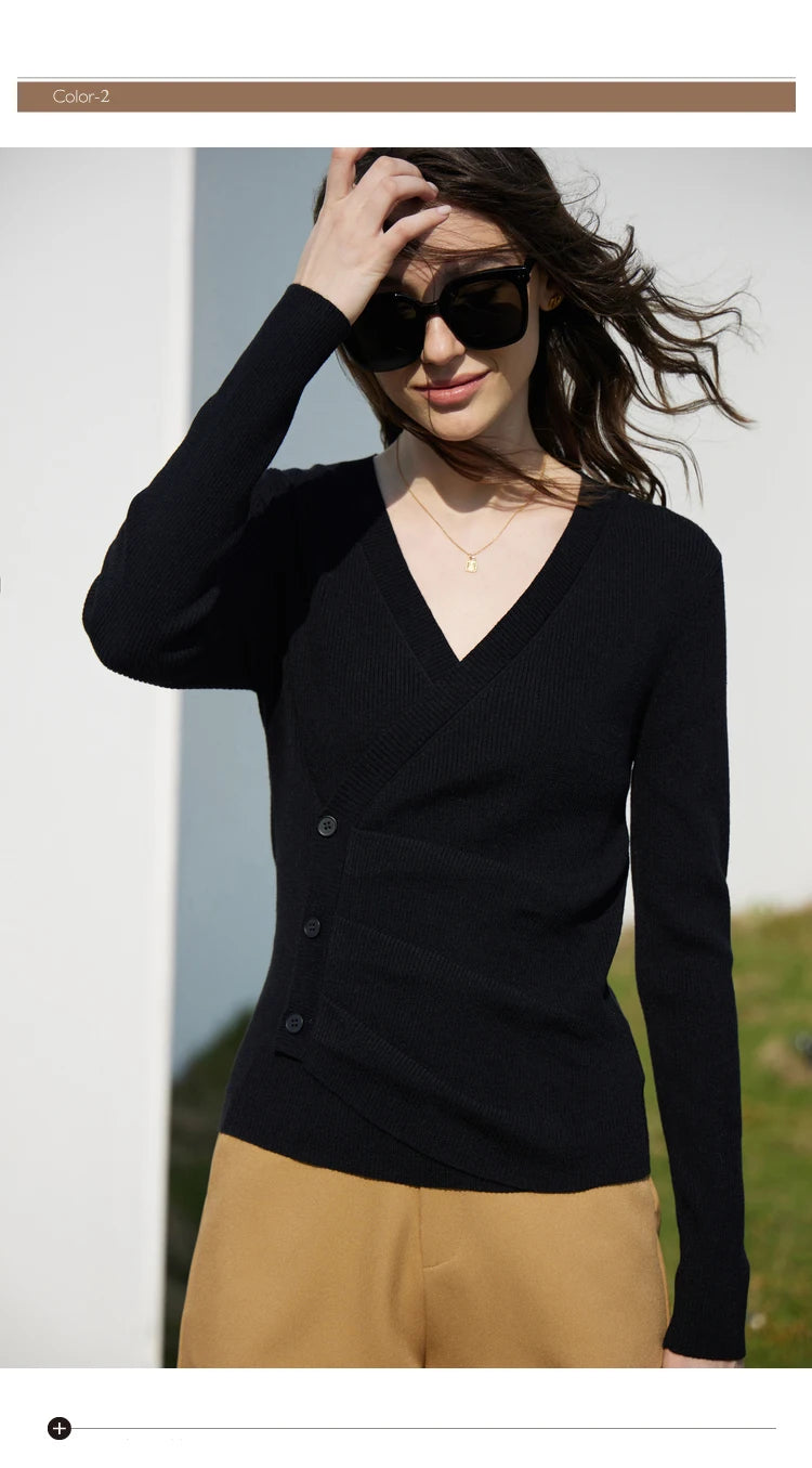 Damen V-Ausschnitt Pullover Kaschmir Slim Shirring Büro Frühling