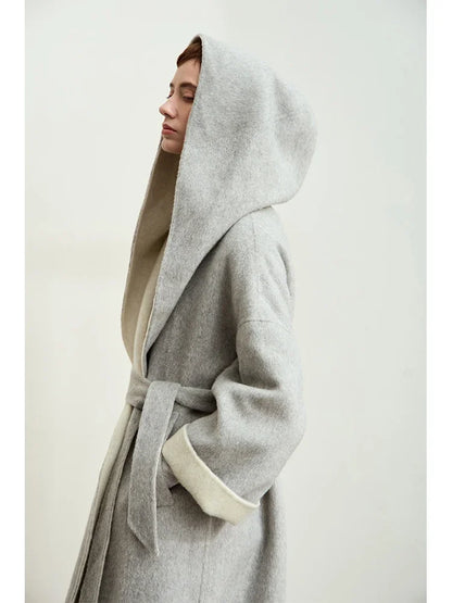 Damen Farbkontrast Wollmantel mit Kapuze und Tropfenärmeln für den Winter