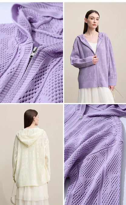 Damen-Strickjacke Kapuze Jacquard Hohlstrick Doppelreißverschluss locker Frühling