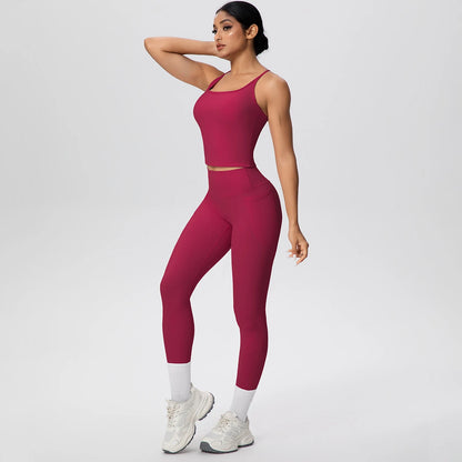 Damen Yoga-Set aus ärmellosem Top und Leggings, bordeauxrot, mit hellem Kniesaum