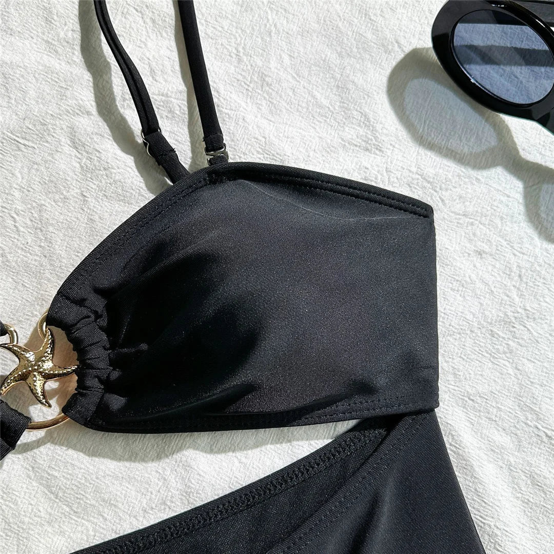 Damen Badeanzug Sarong Cut-Out Metallring verknotet hoher Beinausschnitt Monokini