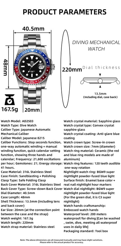 Herren Business-Automatikuhr 8215 Saphirglas 200m wasserdicht GMT Leuchtzeiger