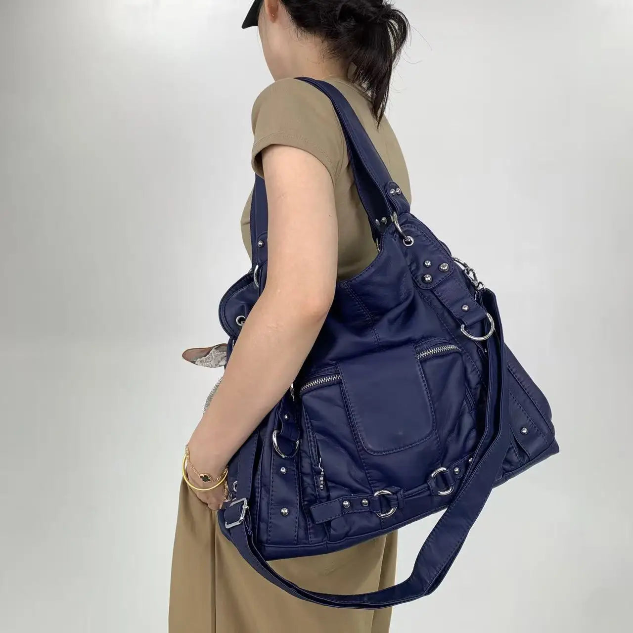 Damen-Vintage-Schultertasche Große Schwarze Mit Top-Griff Und Mehreren Fächern Für Viel Stauraum
