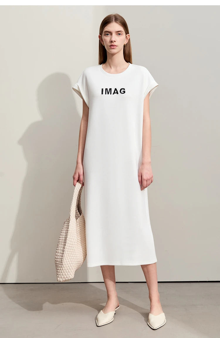 Damen Kleid für Sommer neue lässige O-Ausschnitt Kurzarm Midi gerade Perlen Stickerei Kleid Dame