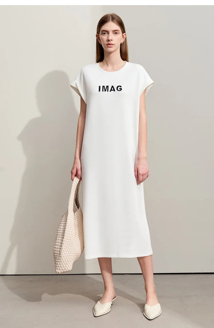 Damen Kleid für Sommer neue lässige O-Ausschnitt Kurzarm Midi gerade Perlen Stickerei Kleid Dame
