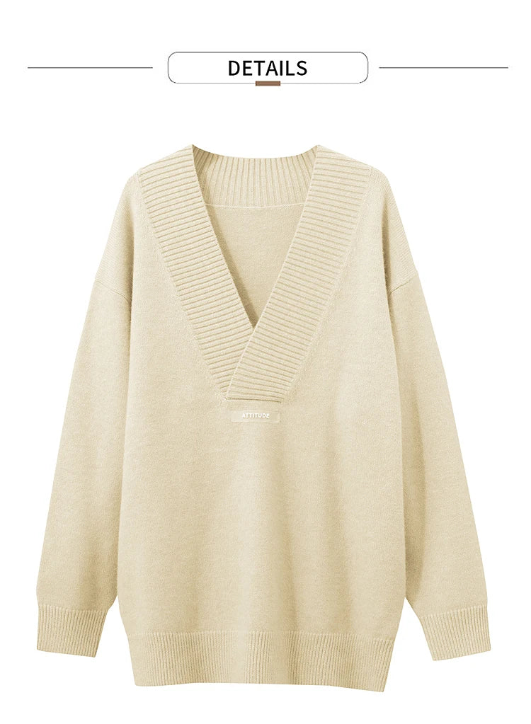 Damen-Strickpullover mit V-Ausschnitt, cremefarben, langärmelig, Grobstrick