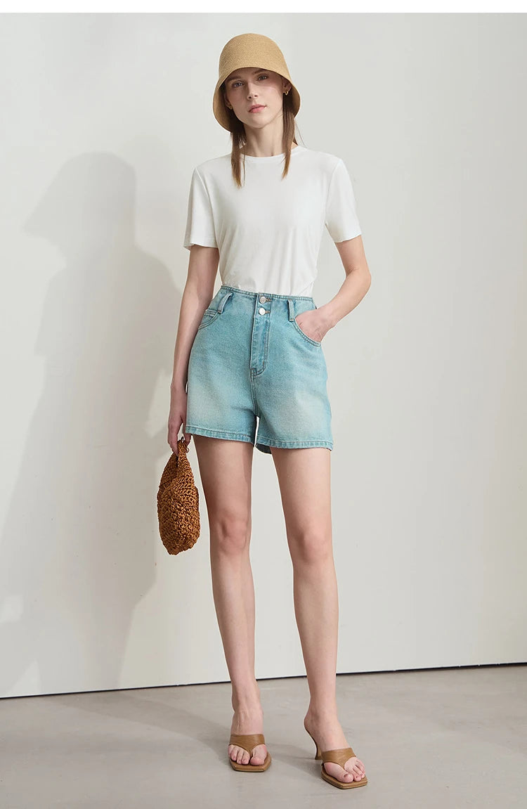 Damen T-Shirt mit Rundhalsausschnitt und gebrochenen Falten aus Modal-Baumwolle