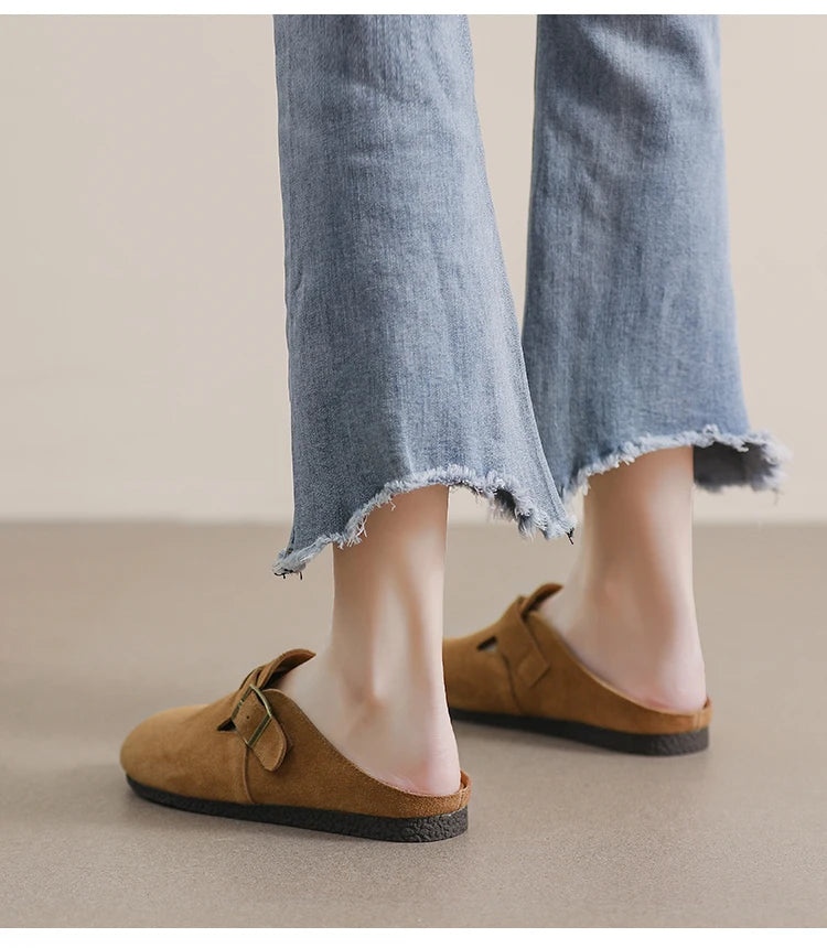 AIYUQI Hausschuhe Frauen Echt Leder 2025, Neue Große Größe 41 42 43 Frauen Sommer Schuhe Retro Oberbekleidung Flache Faule halbe Hausschuhe Frauen