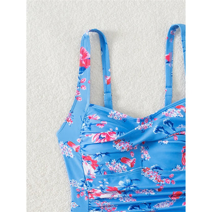 Damen Badeanzug Blumen gedruckt gerüscht hoher Beinausschnitt Monokini