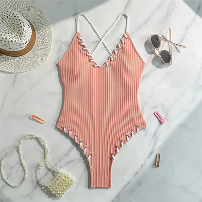 Damen Badeanzug V-Ausschnitt Rippen Kreuzrücken hoher Beinausschnitt Monokini 5 Farben