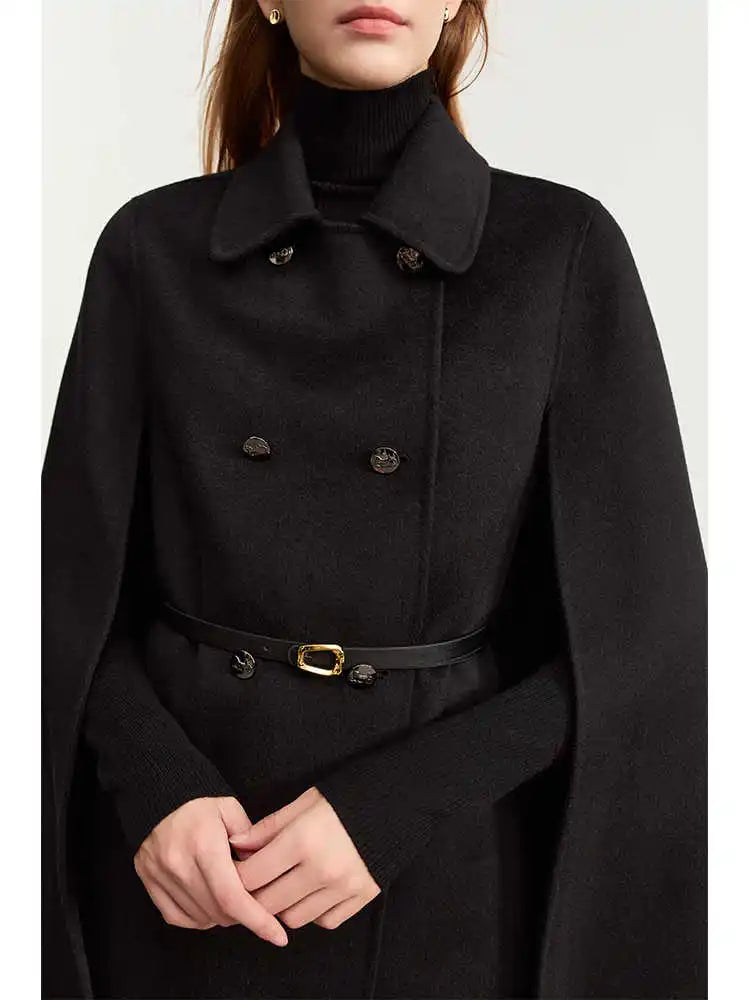 Damen Wollmantel im Vintage-Stil mit Revers und Ledergürtel für Winter