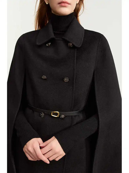 Damen Wollmantel im Vintage-Stil mit Revers und Ledergürtel für Winter
