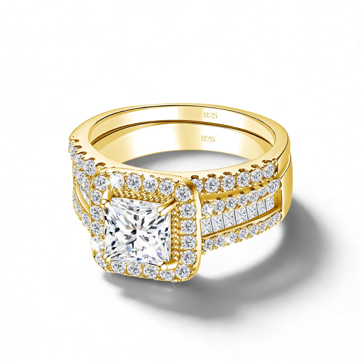 Damen-2er-Verlobungsring-Set aus 925-Silber mit Moissanit im Prinzessin-Schnitt Halo-Design