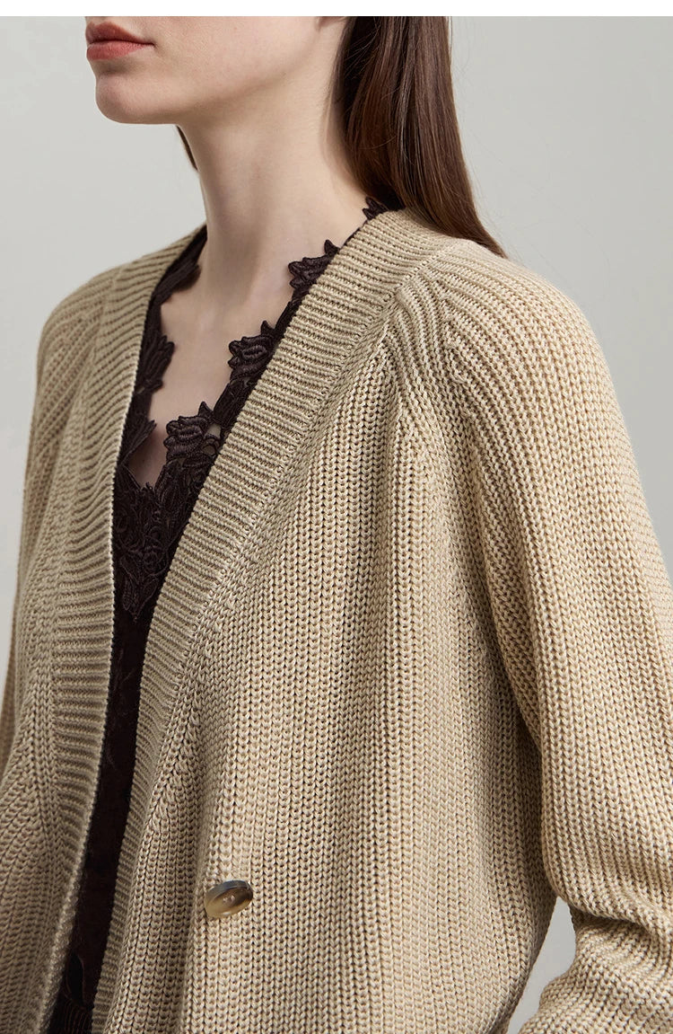 Damen-Strickjacke V-Ausschnitt Raglan asymmetrisch französisch locker Herbst