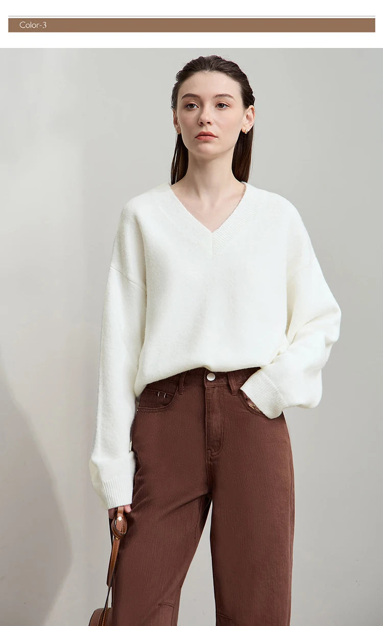 Damen V-Ausschnitt Pullover locker Raglan Wolle-Mix Herbst-Winter