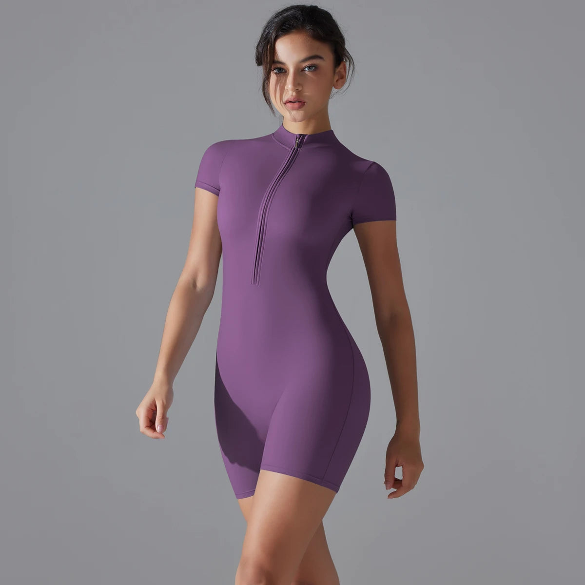 Damen-Yoga-Bodysuit, kurzarm, Halber Reißverschluss, einfarbig, lila