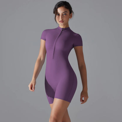 Damen-Yoga-Bodysuit, kurzarm, Halber Reißverschluss, einfarbig, lila