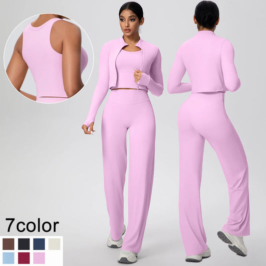 Rosa Yoga-Set für Damen: Crop-Jacke mit Reißverschluss und weite Hose, Vorderansicht-detail