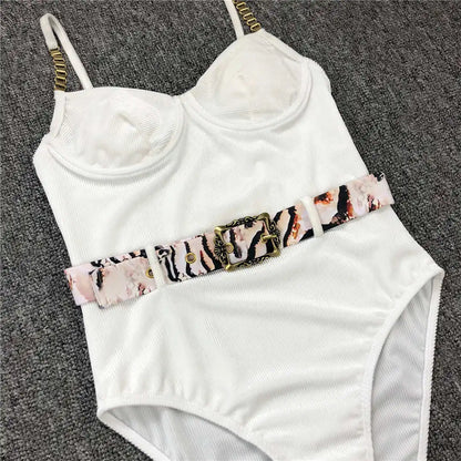 Damen-Badeanzug Rippe Gürtel High-Cut Bodysuit einteilig
