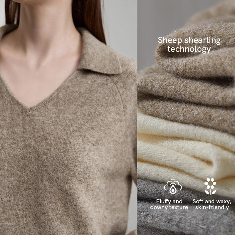Beigebrauner V-Ausschnitt-Strickpullover mit flauschiger Textur