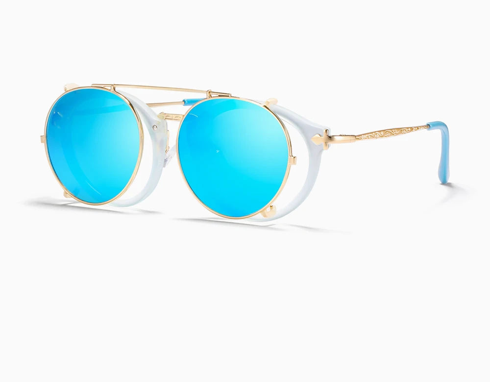 Sonnenbrille rund Steampunk Clip-On abnehmbar polarisiert Markenbox Herren