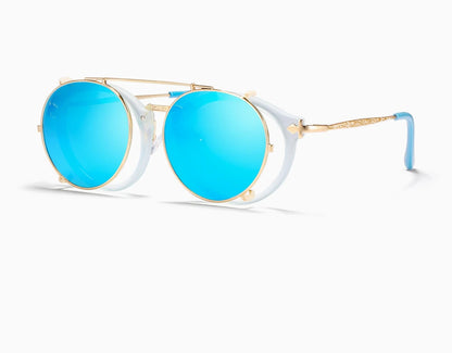 Sonnenbrille rund Steampunk Clip-On abnehmbar polarisiert Markenbox Herren