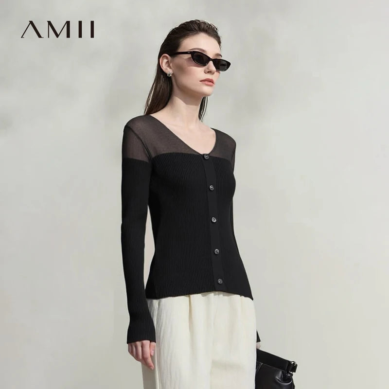 Damen V-Ausschnitt Pullover Viskose Mesh Organza Slim Frühling