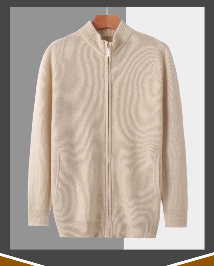 Stehkragen Reißverschluss Strickjacke Pullover Herrenmantel Business Casual Herbst Winter neue reine Wolle Strickjacke Männer Doppeltaschen