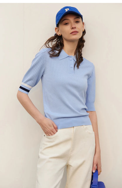 Damen Pullover im Minimalismus-Stil mit Polo-Ausschnitt und Kontrastfarben