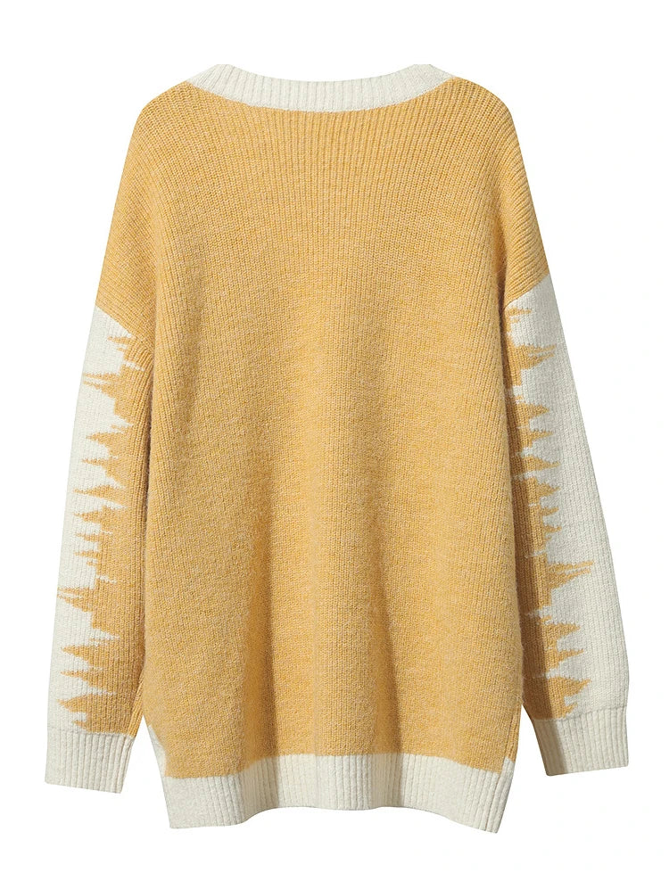 Damen V-Ausschnitt Cardigan lang Patchwork Wolle-Mix Winter