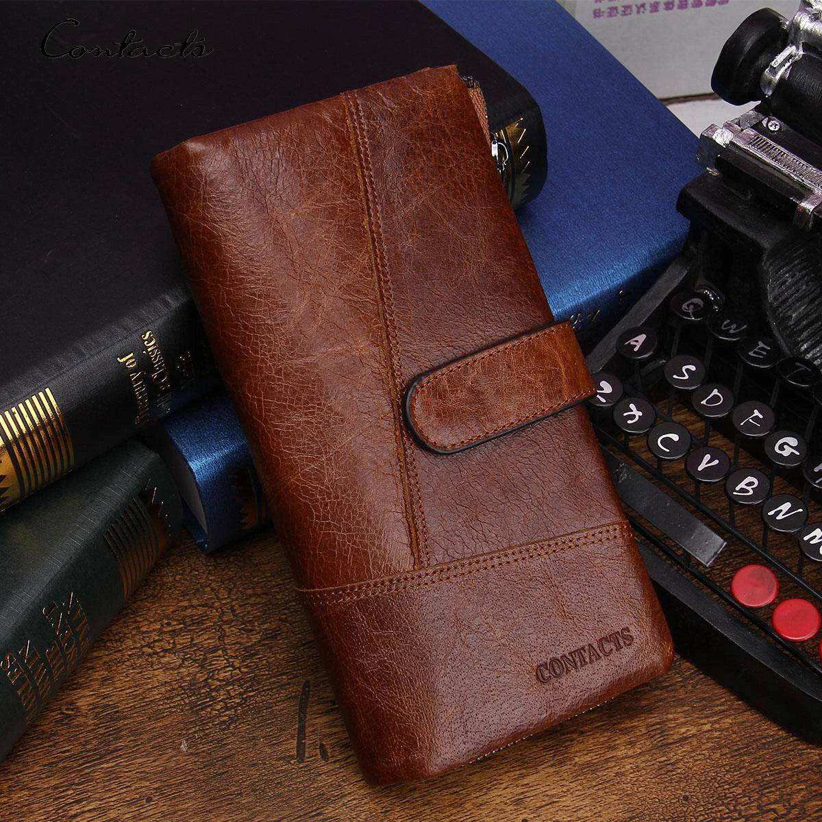 Herren Echtleder Lange Geldbörse Vintage Bifold Reißverschluss Kartenhalter Geldclip