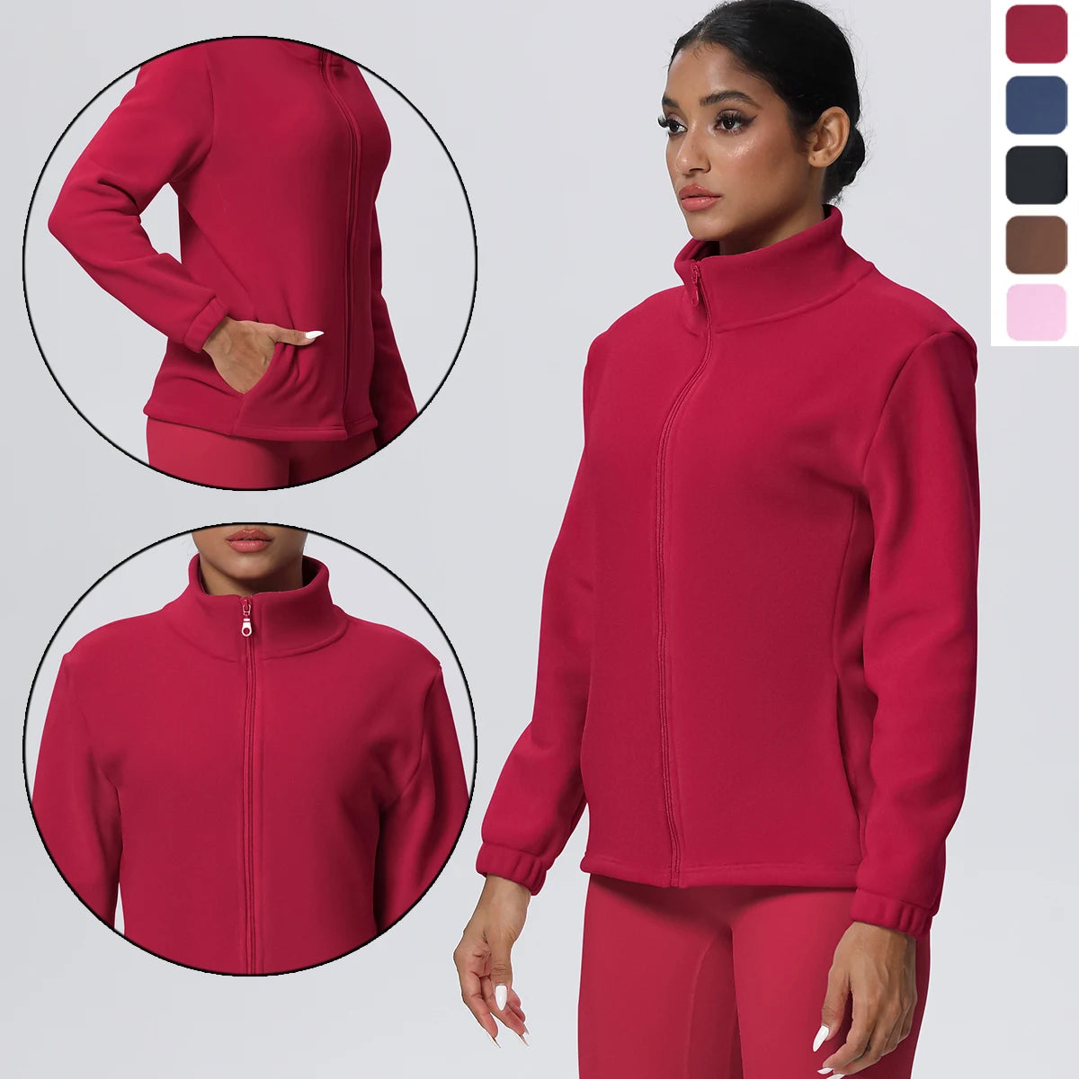 Damen-Outdoorjacke, rot, durchgehender Reißverschluss, Stehkragen, lange Ärmel