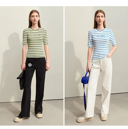 Damen gestreiftes Hemd mit Rundhals und schöner Stickerei für den Sommer