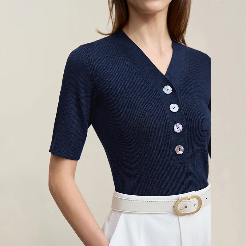 Damen V-Ausschnitt Pullover Wolle-Mix Halbarm Slim Frühling-Herbst