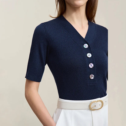 Damen V-Ausschnitt Pullover Wolle-Mix Halbarm Slim Frühling-Herbst