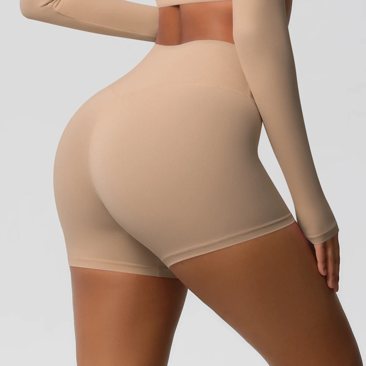 Damen-Sportshorts mit hoher Taille, beige, figurbetont, glatte Oberfläche