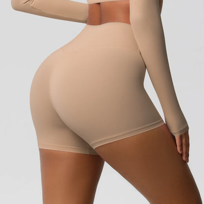 Damen-Sportshorts mit hoher Taille, beige, figurbetont, glatte Oberfläche