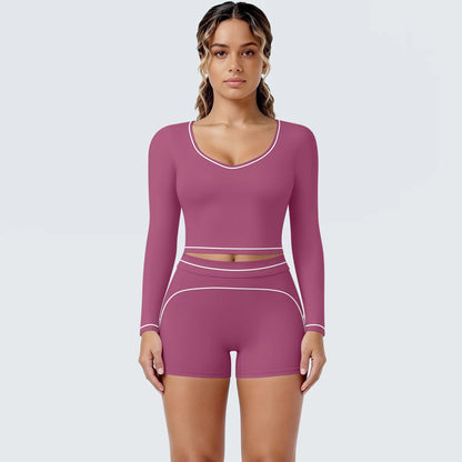 Damen-Yoga-Set mit langarmem Top und Shorts, lila, Kontrastnähte