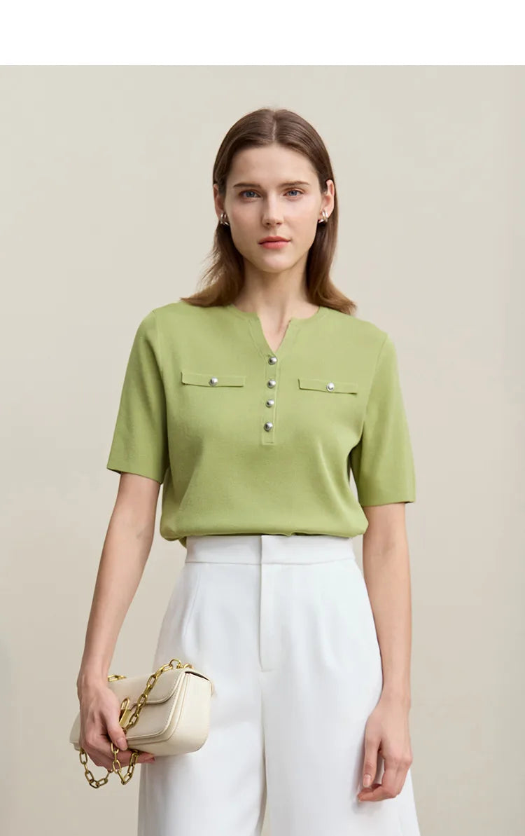 Kurzärmeliger Pullover mit Halbknopfleiste, grüner Stoff, Brusttaschen