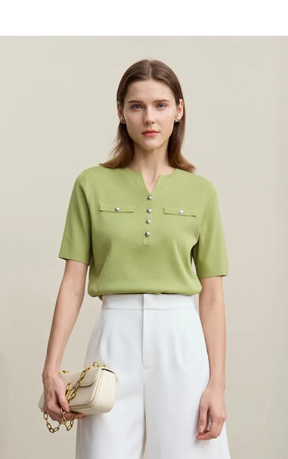 Kurzärmeliger Pullover mit Halbknopfleiste, grüner Stoff, Brusttaschen