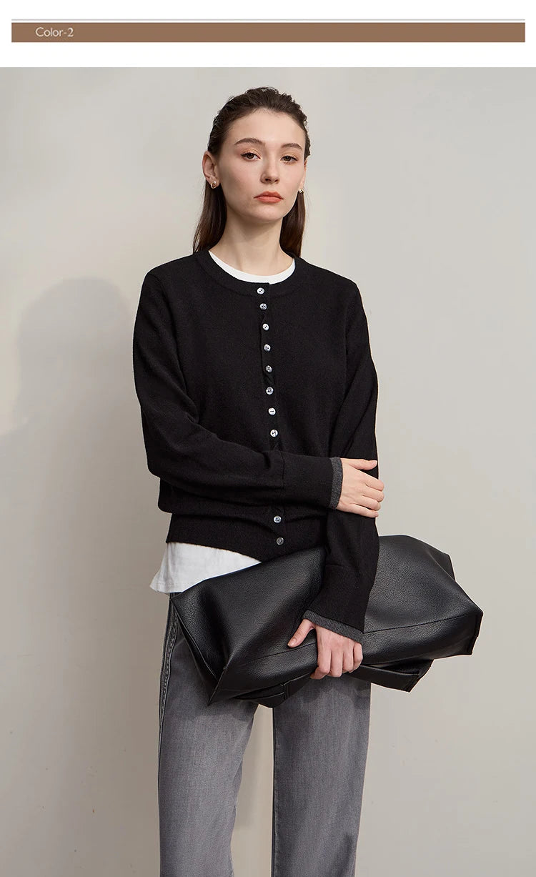 Damen-Rundhalspullover Strickjacke einfarbig einreihig Herbst-Winter