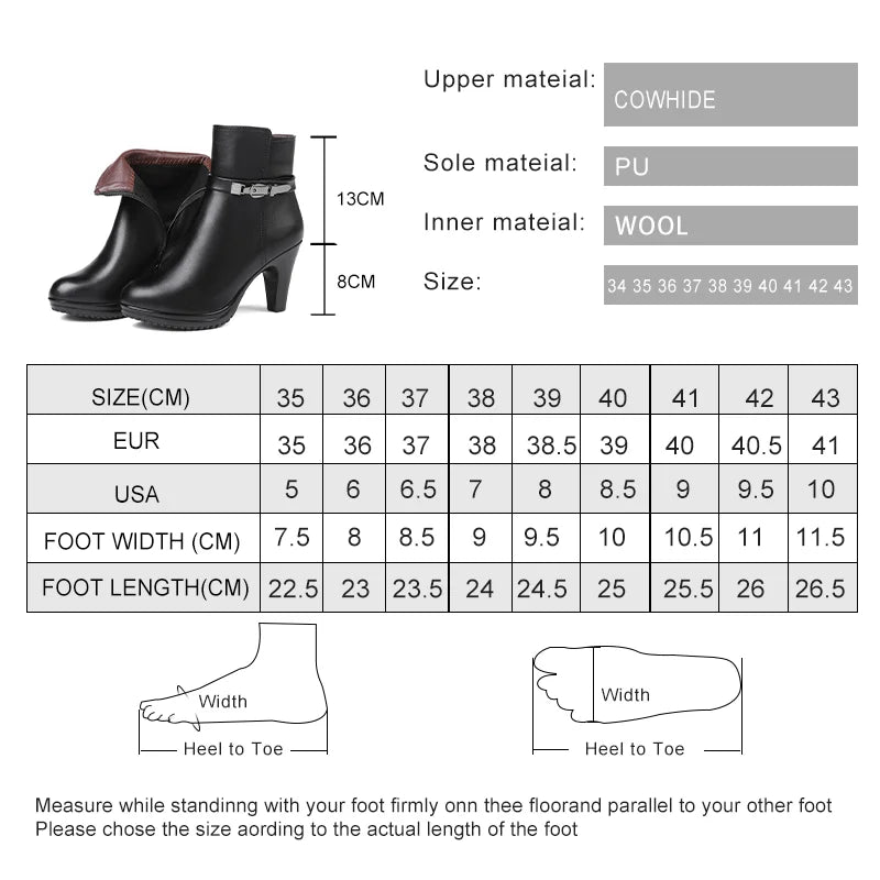 Größen- und Materialangaben für Damen-Ankle-Boots: Wolle innen, PU-Sohle, Cowhide-Optik