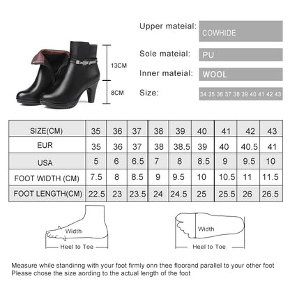 Größen- und Materialangaben für Damen-Ankle-Boots: Wolle innen, PU-Sohle, Cowhide-Optik