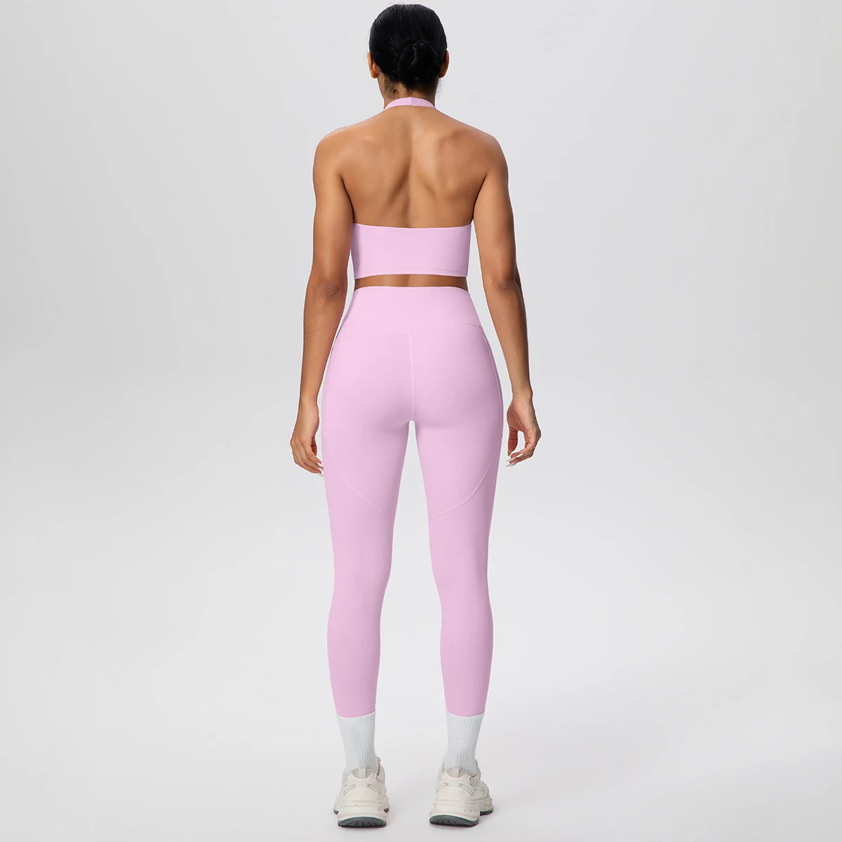 Lila Yogaset für Frauen: Sport-BH und lange Leggings im Set, Rückansicht