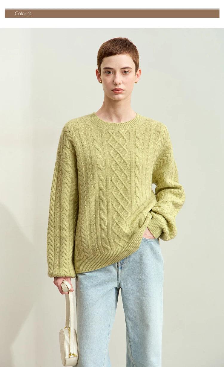 Damenpullover mit Zopfmuster, gelbgrün, Rundhalsausschnitt und lange Ärmel