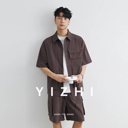 Männer Sommer Set mit losem Kurzarm Cargo-Shirt und Shorts im Casual-Stil