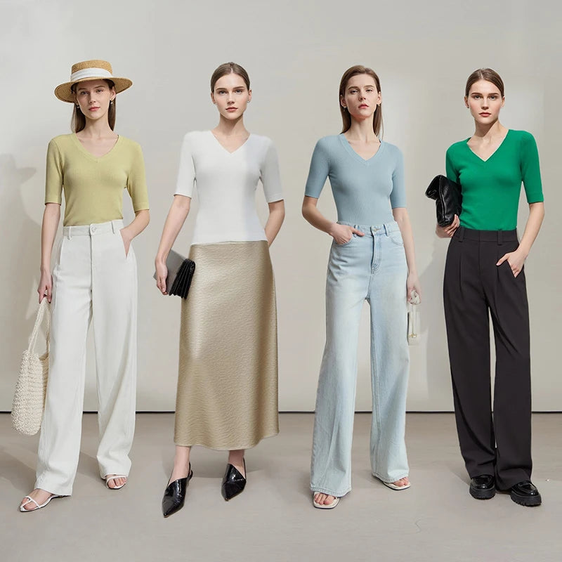 Damen V-Ausschnitt Pullover Viskose Halbarm Slim Büro Sommer