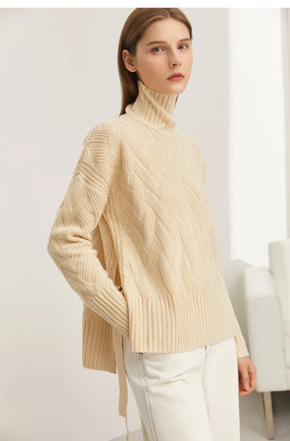 Damen-Rollkragenpullover locker Schnürung Herbst-Winter